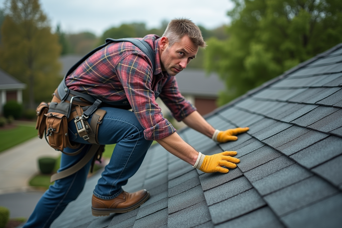 Couvreur homme inspectant un toit résidentiel en ardoises