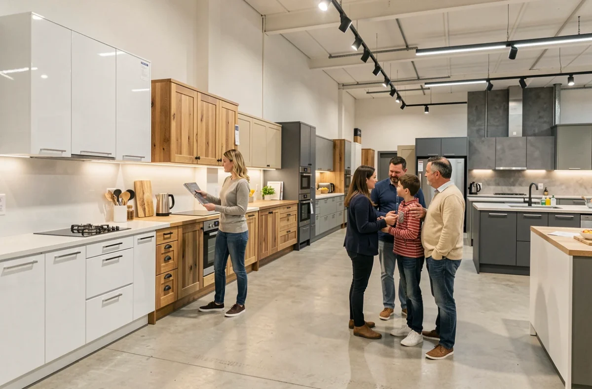 Showroom Cuisine Plus de Charleville-Mézières présentant plusieurs modèles de cuisines exposées avec des clients en train de les découvrir