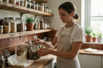 Femme arrangeant des bocaux en verre réutilisables sur une étagère en bois dans une cuisine zéro déchet