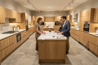 Showroom de cuisinistes dans les Ardennes avec plusieurs modèles de cuisines exposés et des conseillers accompagnant des clients