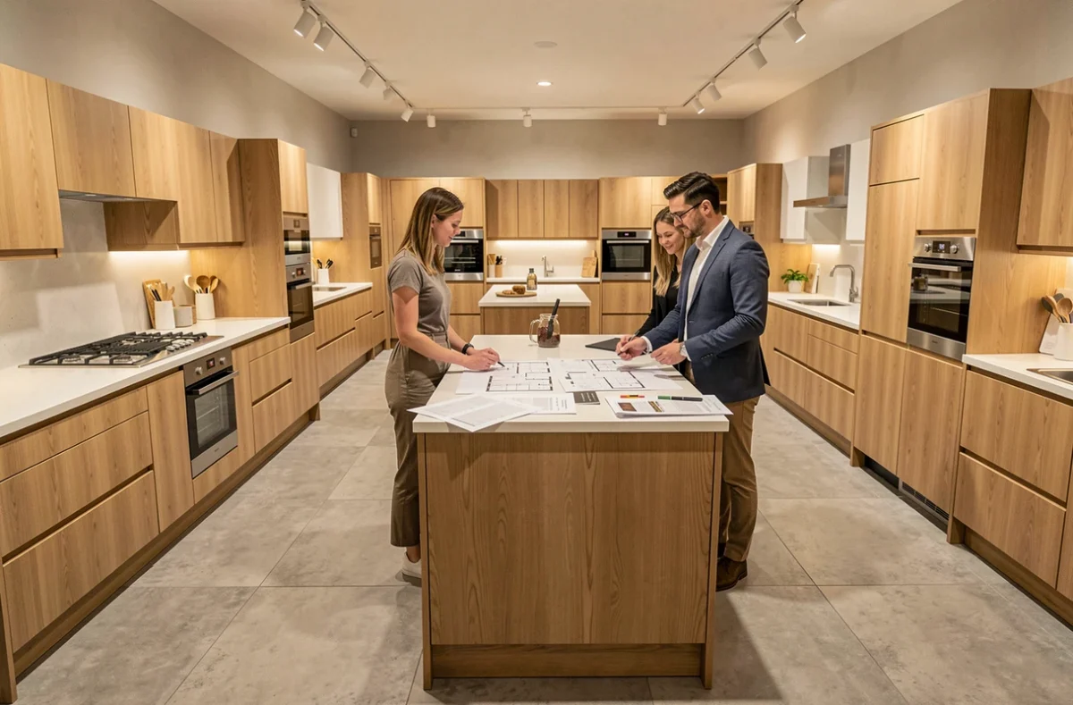 Showroom de cuisinistes dans les Ardennes avec plusieurs modèles de cuisines exposés et des conseillers accompagnant des clients