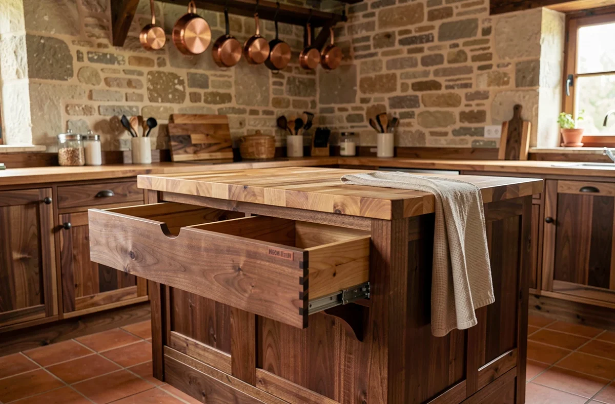 Cuisine artisanale en bois massif teinte noyer avec îlot central et plan de travail en bois, création Daniel Gibert