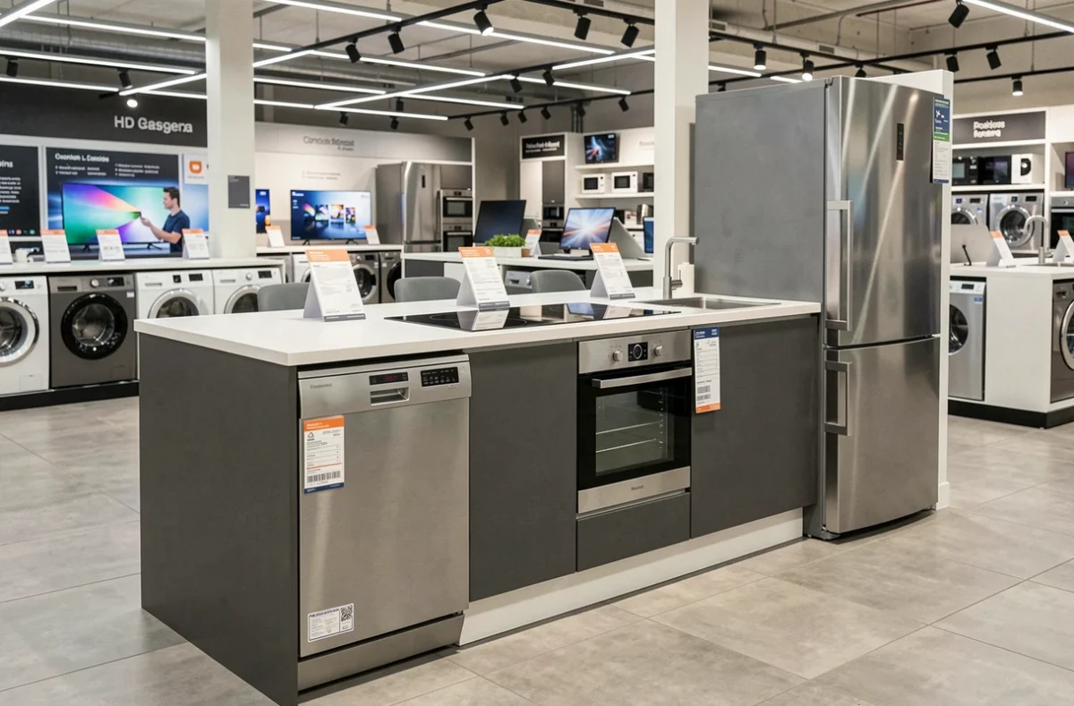 Cuisine équipée exposée chez Darty au Puy-en-Velay avec appareils électroménagers intégrés et façades bicolores