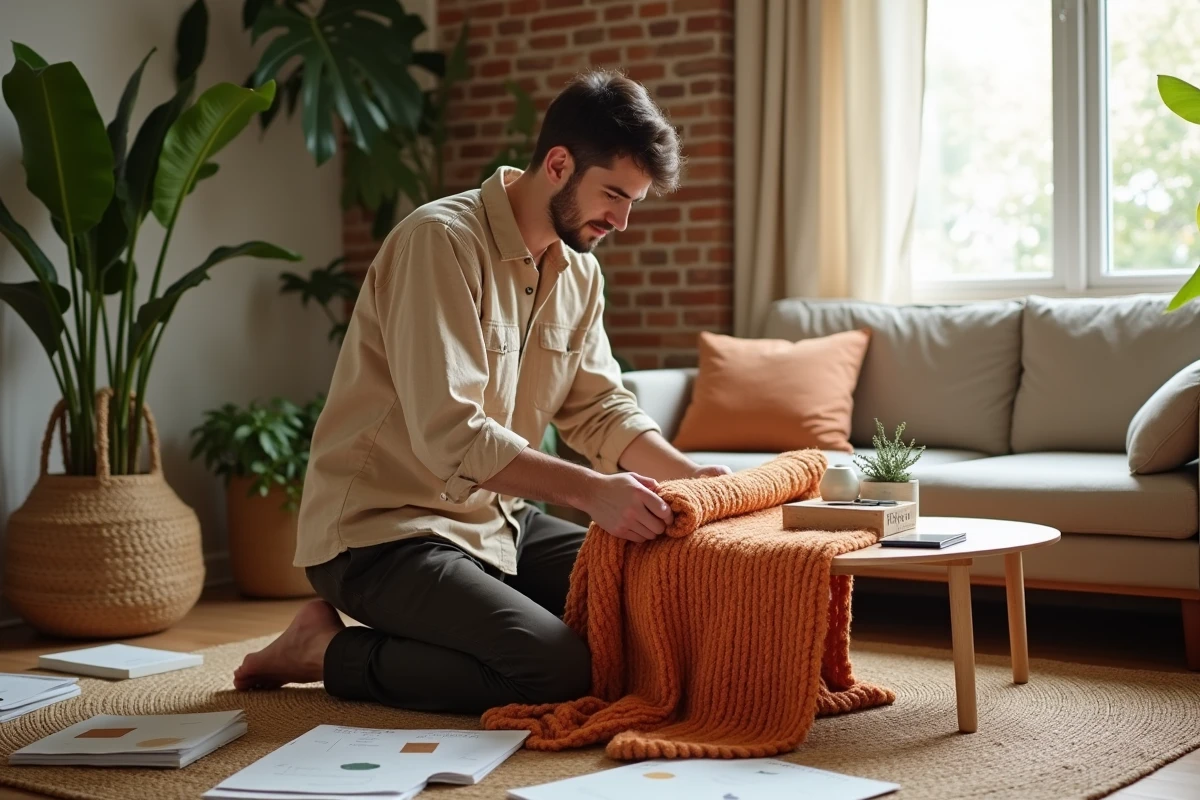 Jeune homme débutant en décoration intérieure déroulant un plaid en laine terracotta dans un salon hygge avec planche d'inspiration et objets cosy