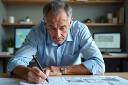 Architecte remplissant une déclaration de travaux pour une clôture en zone protégée sur un bureau avec plans cadastraux