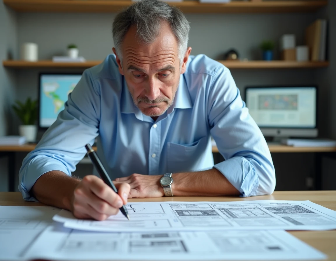 Architecte remplissant une déclaration de travaux pour une clôture en zone protégée sur un bureau avec plans cadastraux