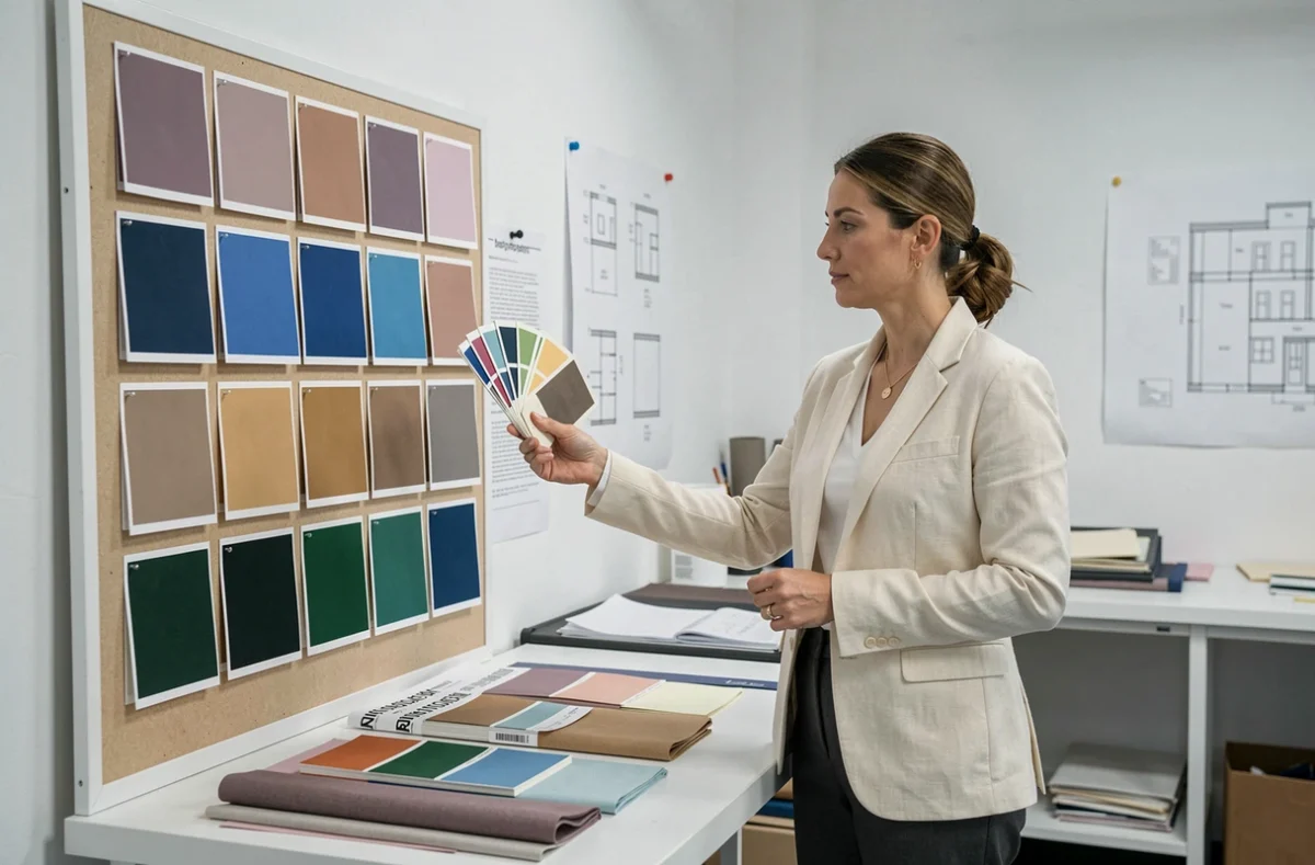 Décoratrice d'intérieur présentant un tableau de tendances couleurs design 2026 dans un studio professionnel avec nuanciers et palettes chromatiques