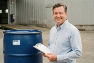 Homme tenant un presse-papiers à côté d'un fût industriel de 200 litres dans une cour d'entreprise
