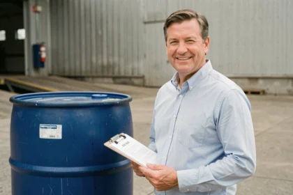 Homme tenant un presse-papiers à côté d'un fût industriel de 200 litres dans une cour d'entreprise