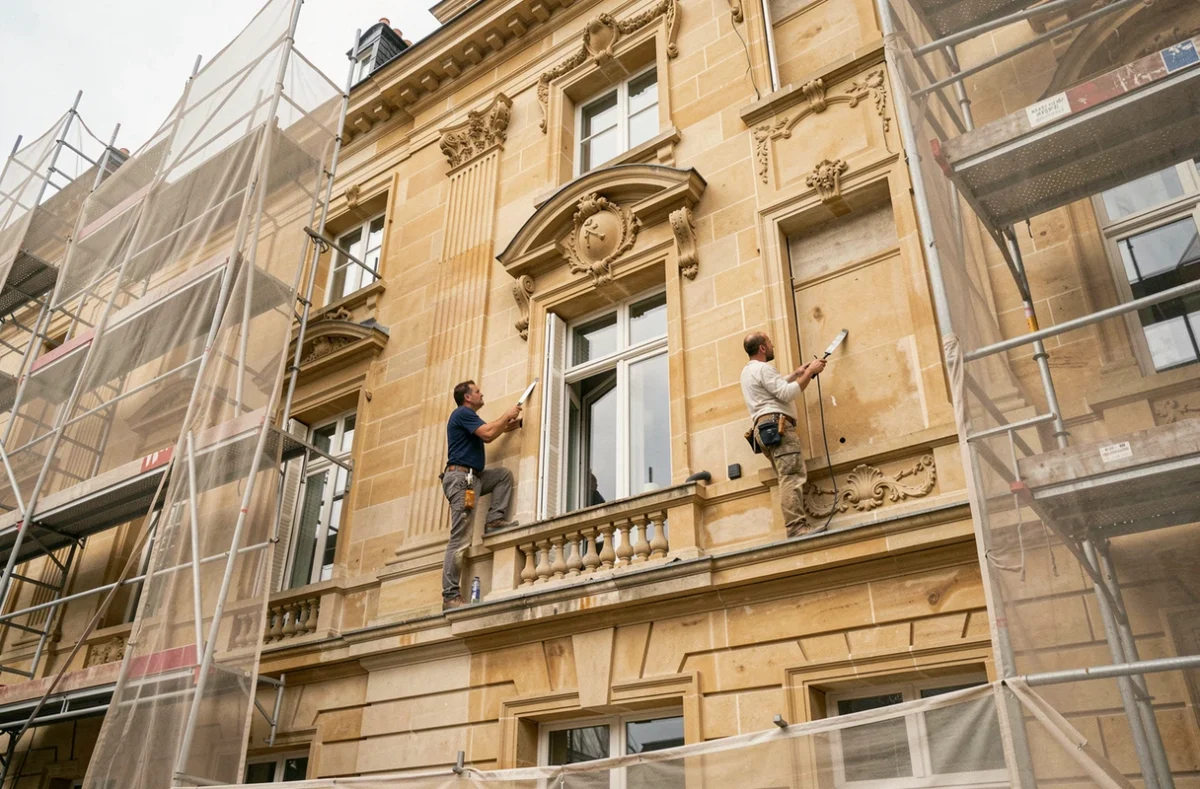 Restauration d'une façade en pierre d'un manoir charentais par deux artisans sur échafaudage, représentant Demeures et Prestige Charentais