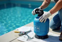 Personne en gants démontant un filtre à sable de piscine en extérieur