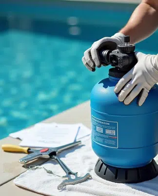 Personne en gants démontant un filtre à sable de piscine en extérieur