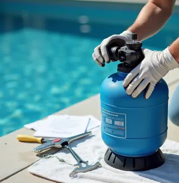 Personne en gants démontant un filtre à sable de piscine en extérieur