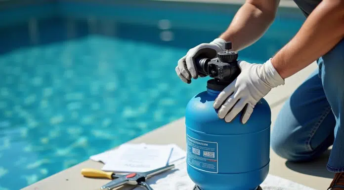 Personne en gants démontant un filtre à sable de piscine en extérieur