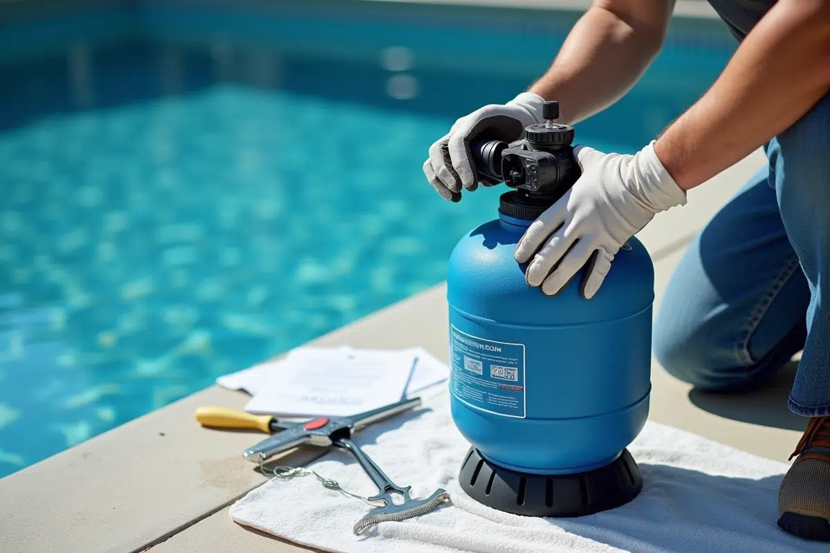 Personne en gants démontant un filtre à sable de piscine en extérieur