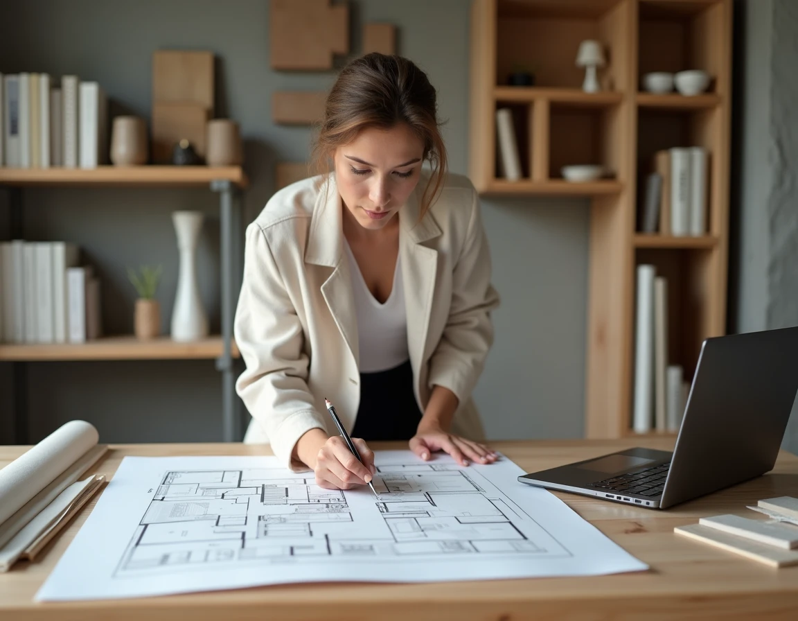 Designer d'intérieur étudiant un plan 3D de salle de bain pour optimiser l'agencement d'une petite surface