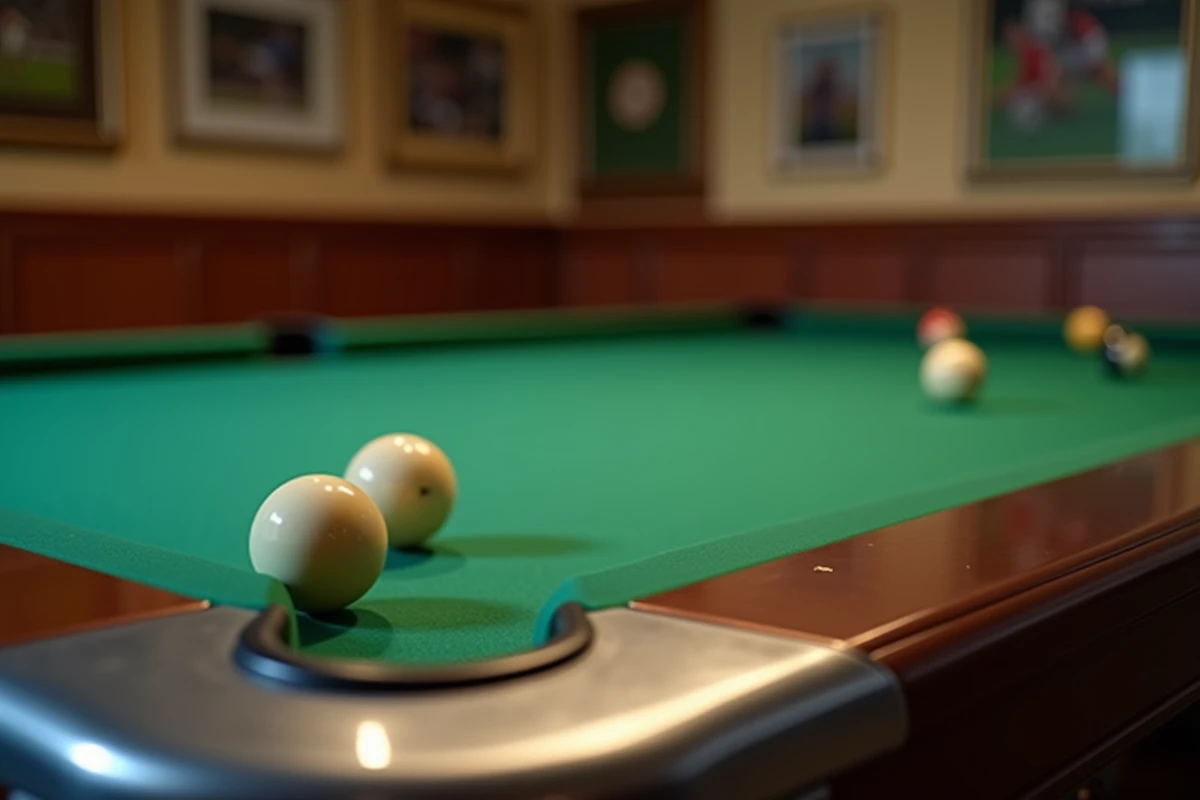 Détail de la blouse d'angle et du tapis feutré vert d'une table de billard américain réglementaire en salle de jeu