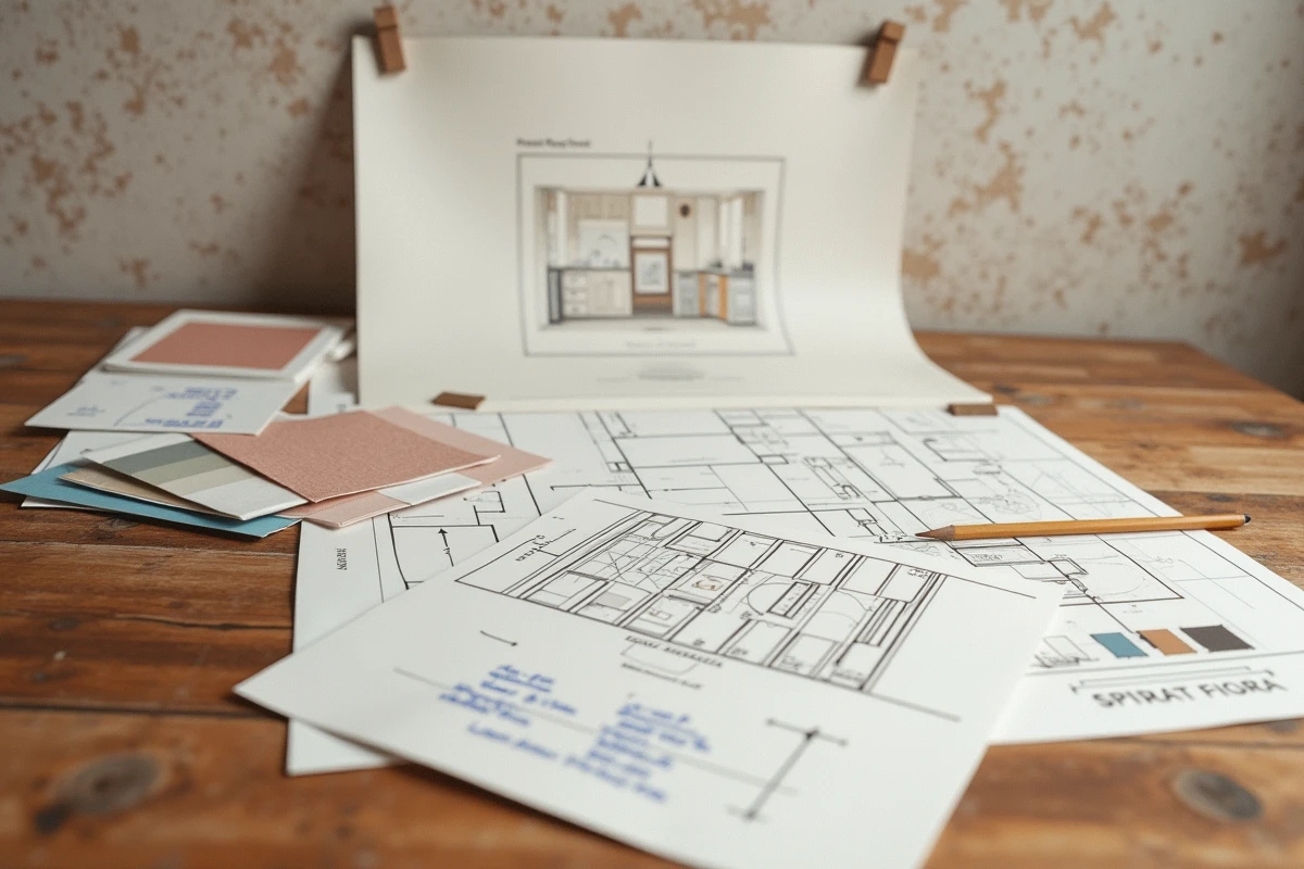 Détail d'une table avec documents de simulation déco, échantillons de tissu et annotations corrigeant des erreurs de rendu intérieur