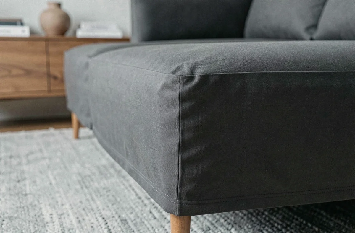 Détail de fixation d'une housse canapé d'angle en jersey gris anthracite ajustée sur l'angle d'un canapé convertible