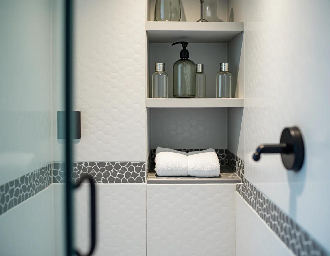 Détail d'une niche de douche encastrée dans une petite salle de bain optimisée, illustrant les astuces de rangement pour gagner de la place