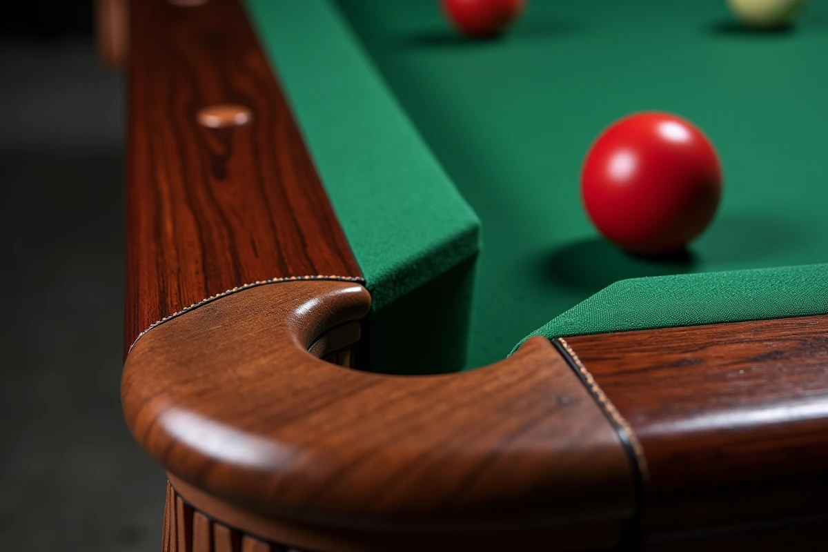 Détail artisanal de la poche en cuir et du rail d'une table de billard française haut de gamme