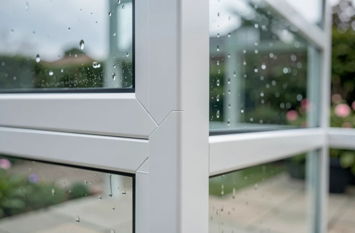 Détail du profilé aluminium et du vitrage d'une véranda montrant la finition durable et l'assemblage de qualité