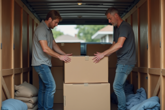 Homme et femme organisant des cartons dans un camion de déménagement