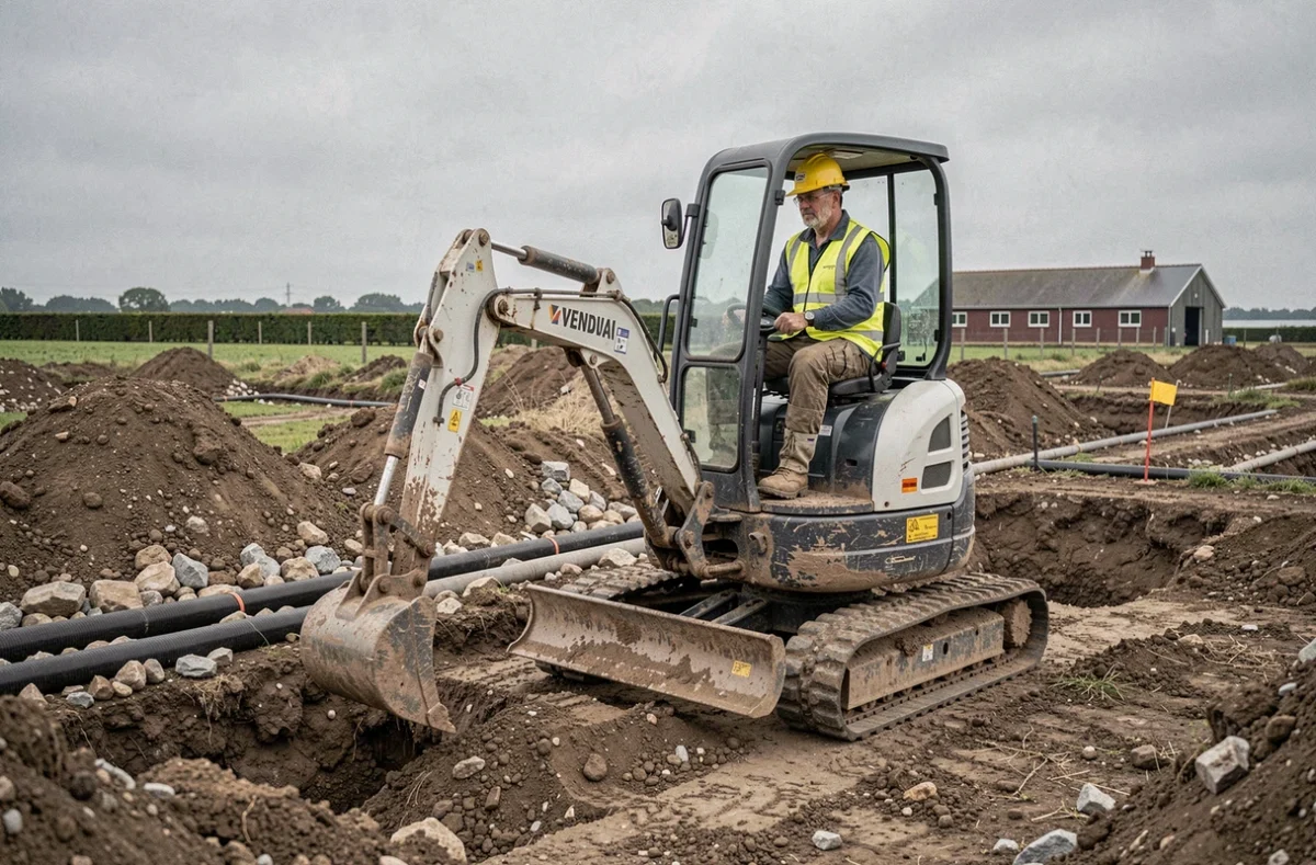 Conducteur d'engin DJO TP réalisant des travaux de terrassement sur un chantier rural en Vendée