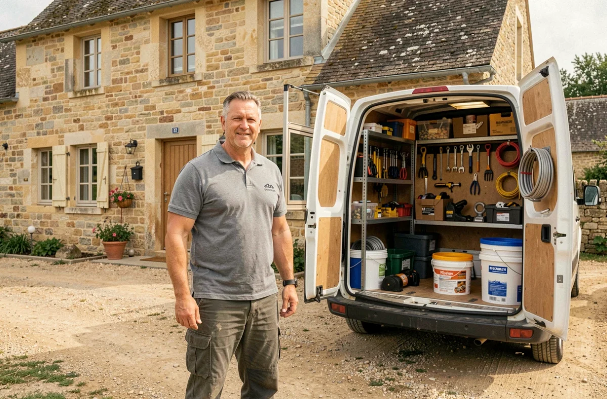 Artisan multiservices posant devant son véhicule aménagé et une maison charentaise rénovée, représentant DMS Dominique Multi Services