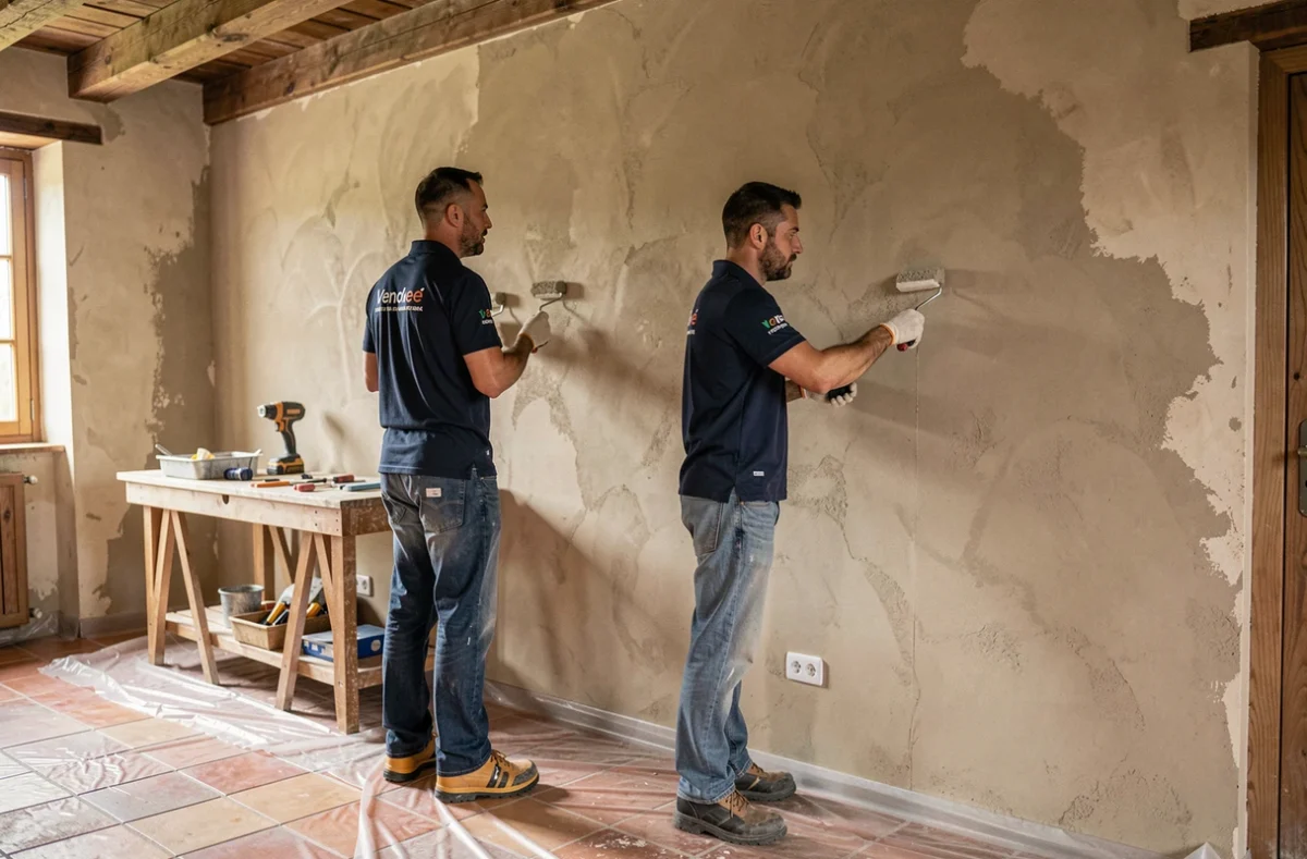Équipe Domco appliquant un enduit de plâtre dans une maison traditionnelle vendéenne avec poutres en bois
