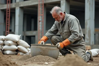 Ouvrier mesurant 350 kg de ciment pour un dosage béton avec sable et gravier sur chantier