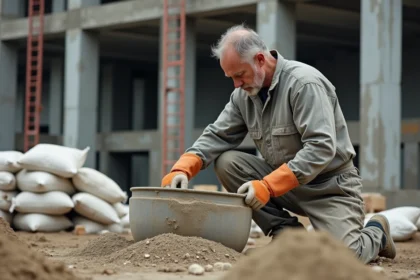 Ouvrier mesurant 350 kg de ciment pour un dosage béton avec sable et gravier sur chantier