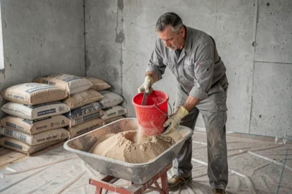 Ouvrier mesurant le dosage de sable pour préparer une chape mortier dans un chantier intérieur