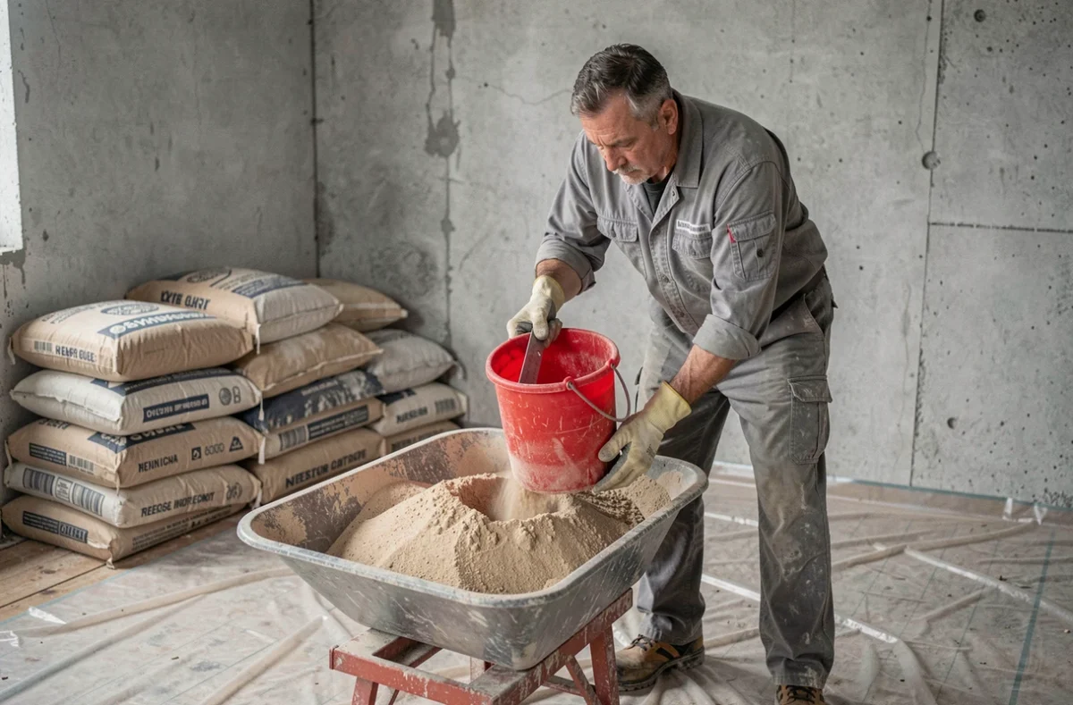 Ouvrier mesurant le dosage de sable pour préparer une chape mortier dans un chantier intérieur