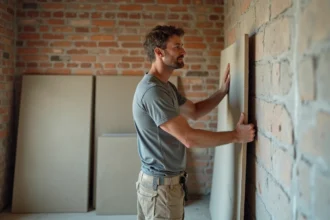 Ouvrier posant un panneau de plâtre en doublage collé sur un mur intérieur en brique dans une pièce en rénovation