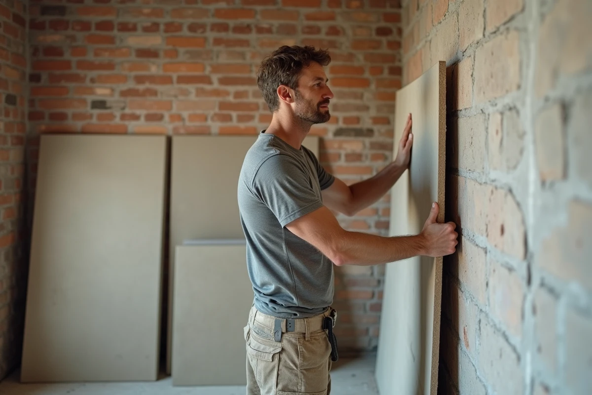 Ouvrier posant un panneau de plâtre en doublage collé sur un mur intérieur en brique dans une pièce en rénovation
