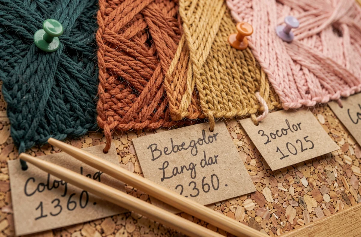 Échantillons de couleurs Bebecolor Lang Yarns épinglés sur tableau en liège avec étiquettes de référence