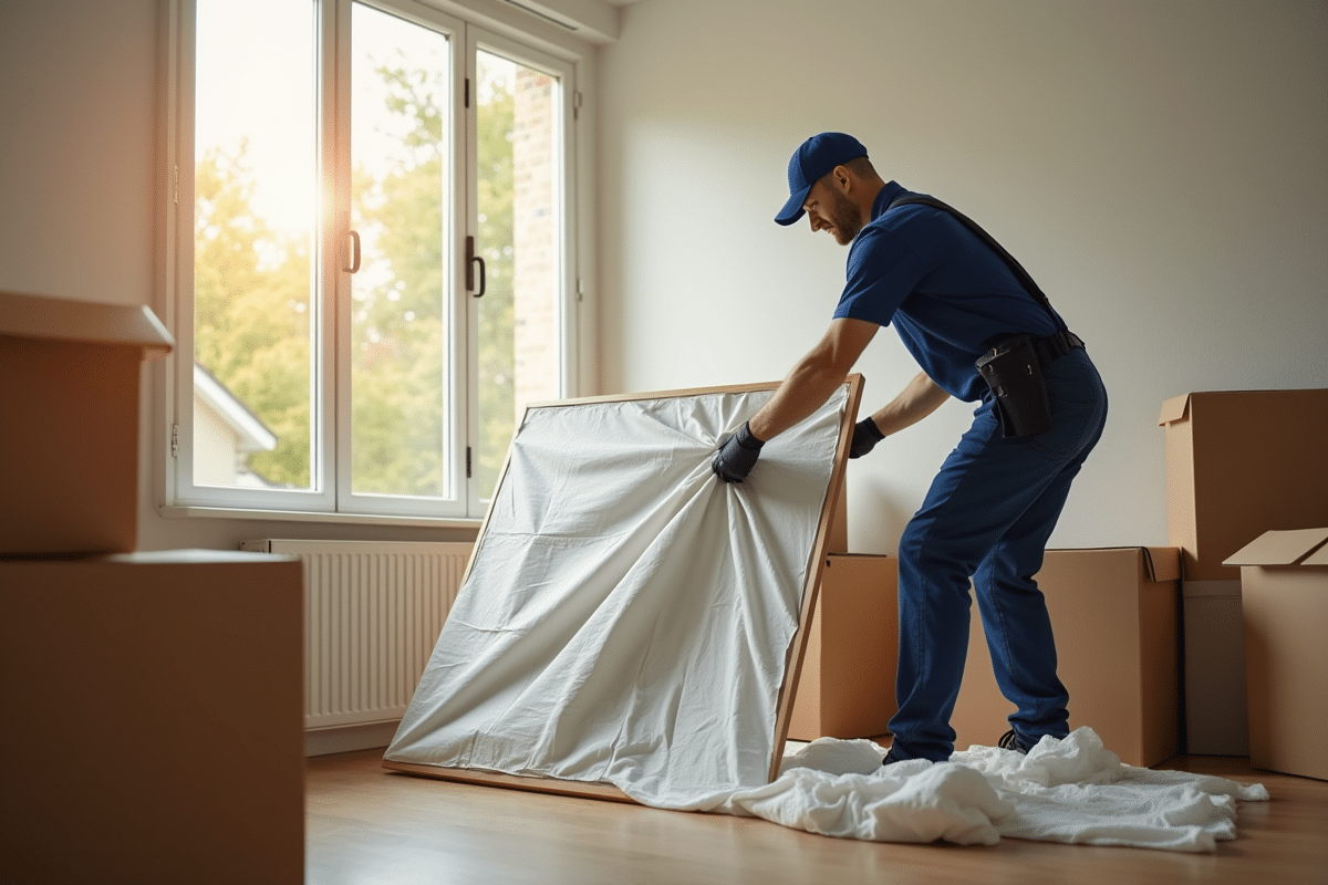 Déménageur protégeant une peinture avec des fournitures de déménagement