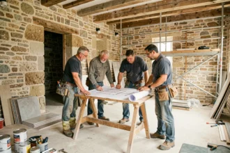 Équipe de rénovation au travail dans une maison en pierre charentaise, plans étalés sur un chevalet au milieu d'un chantier