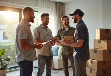 Equipe de déménagement discutant avec un client dans un salon lumineux