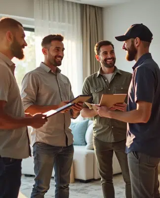 Equipe de déménagement discutant avec un client dans un salon lumineux