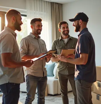 Equipe de déménagement discutant avec un client dans un salon lumineux