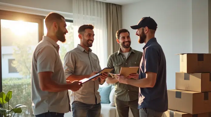 Equipe de déménagement discutant avec un client dans un salon lumineux