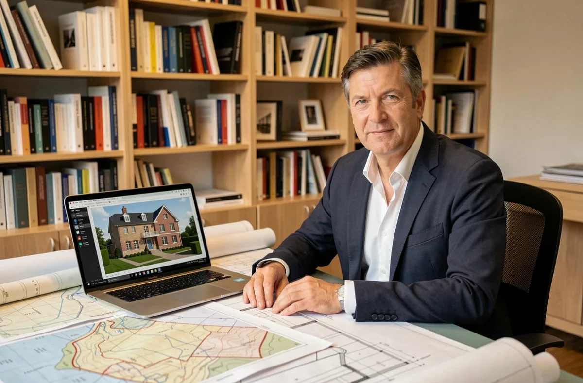 Chef de projet architectural devant des plans techniques et un rendu 3D sur ordinateur, représentant E.R.A. Études et Réalisations Architecturales