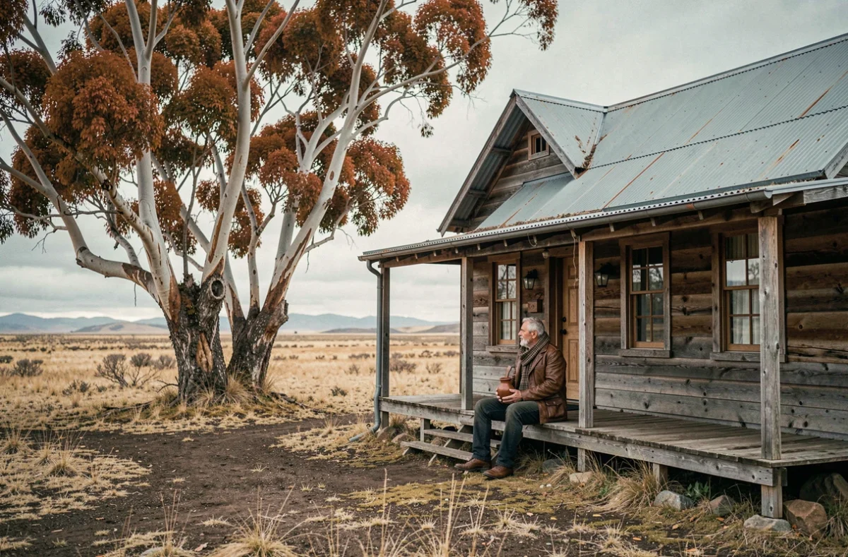 Estancia rustique en Patagonie avec un homme savourant un maté sur le porche entouré de hêtres aux couleurs automnales