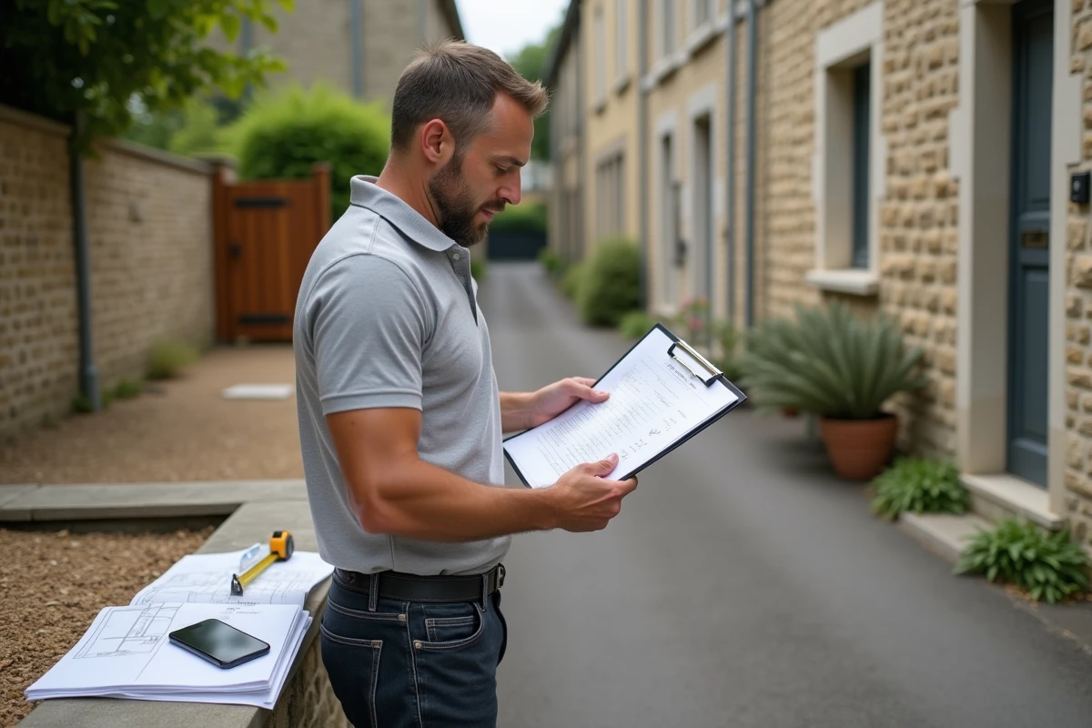 Estimateur de travaux consultant un devis de prix au m2 pour enrobé drainant sur chantier