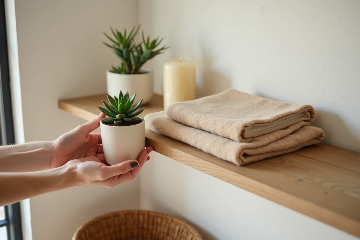 Mains adultes disposant une plante succulente sur une étagère en bois scandinave décorée d'objets hygge minimalistes dans un salon épuré