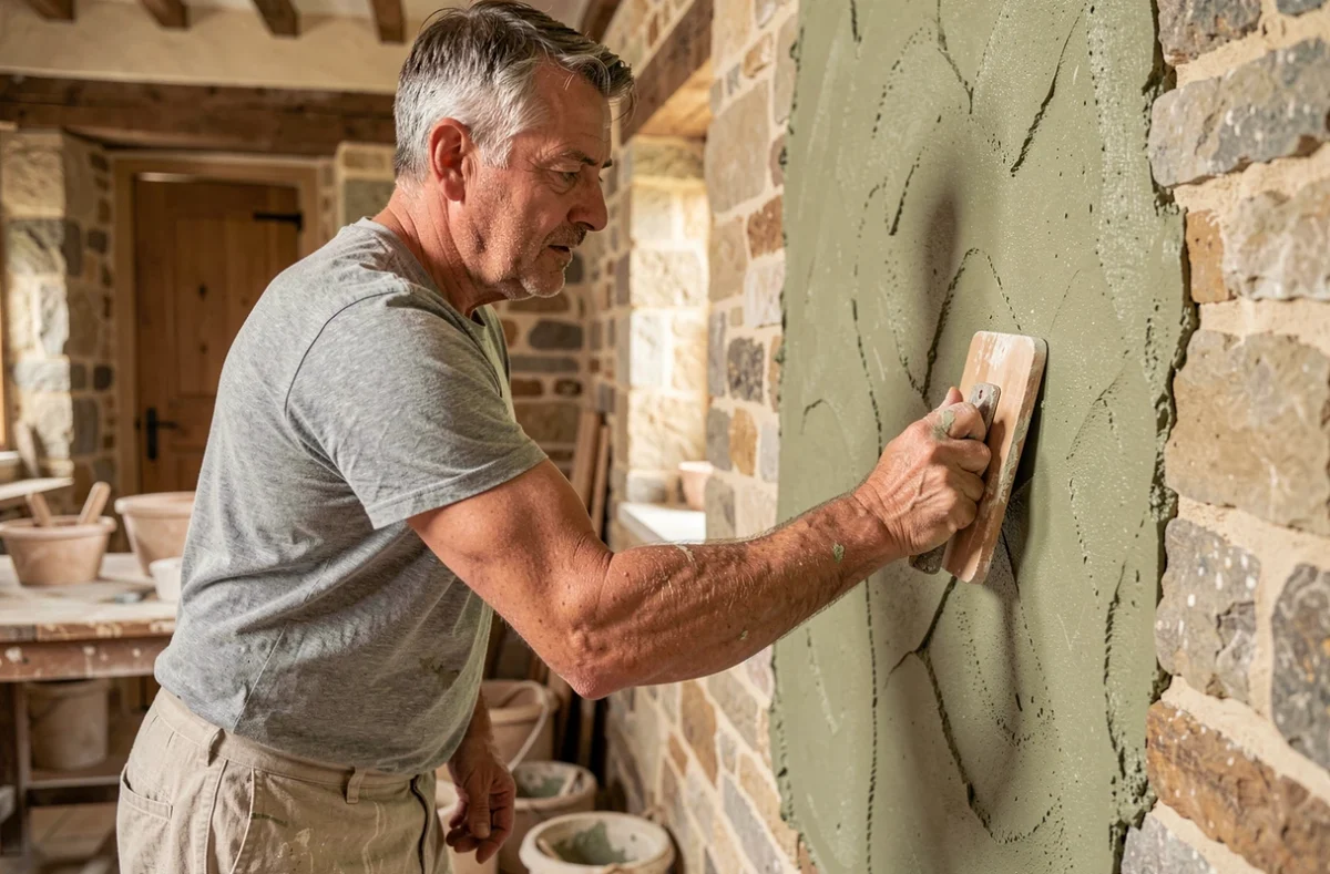 Artisan appliquant un enduit à la chaux sur un mur en pierre d'une ferme charentaise, représentant EURL Laurent Morelet