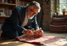 Appraiseur d'antiquités examinant un tapis oriental avec loupe