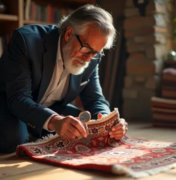 Tapis oriental : comment évaluer sa valeur et authenticité ? Appraiseur d'antiquités examinant un tapis oriental avec loupe